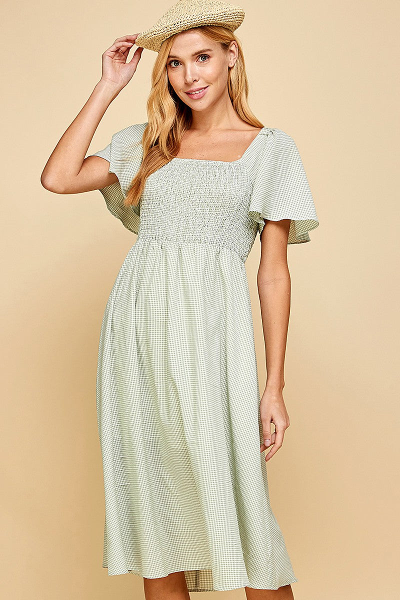 Light Sage Gingham Smocked Maternity Midi Dress