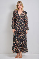 Black Floral Long Sleeve Maternity Midi Dress