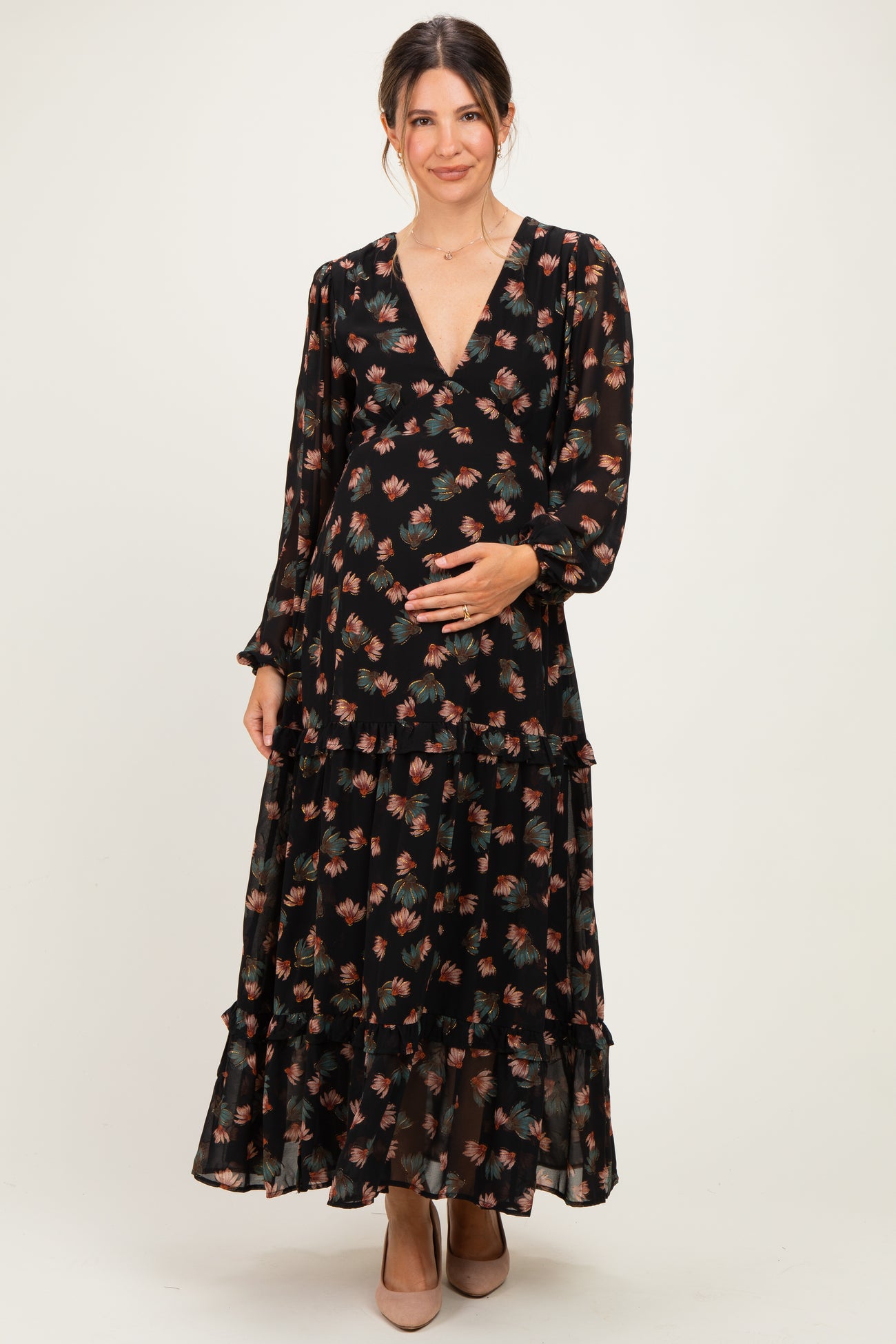 Black Floral Long Sleeve Maternity Midi Dress