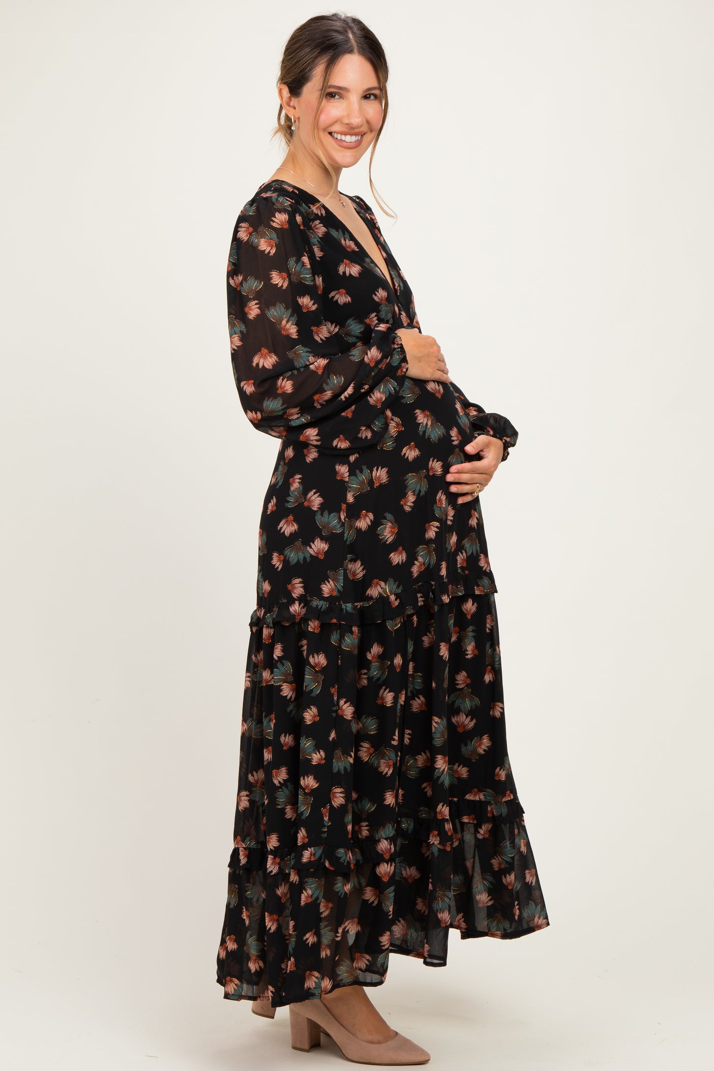 Black Floral Long Sleeve Maternity Midi Dress