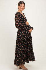 Black Floral Long Sleeve Maternity Midi Dress