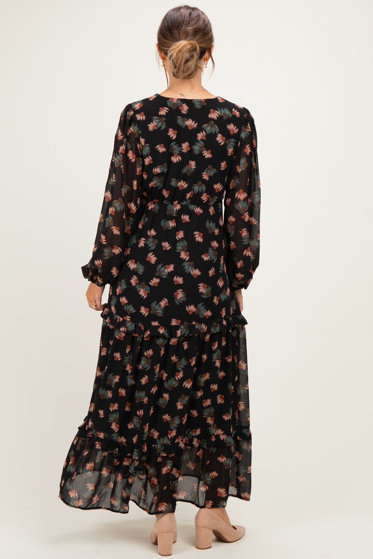 Black Floral Long Sleeve Maternity Midi Dress
