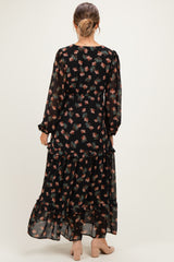 Black Floral Long Sleeve Maternity Midi Dress