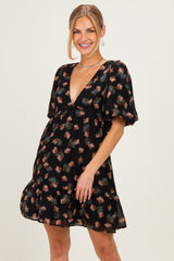 Black Floral Puff Sleeve Maternity Dress