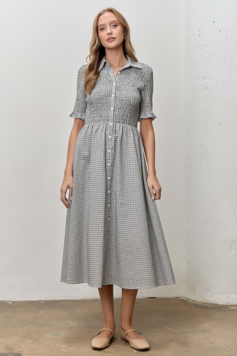 Black Gingham Smocked Button Down Midi Dress