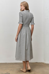 Black Gingham Smocked Button Down Midi Dress