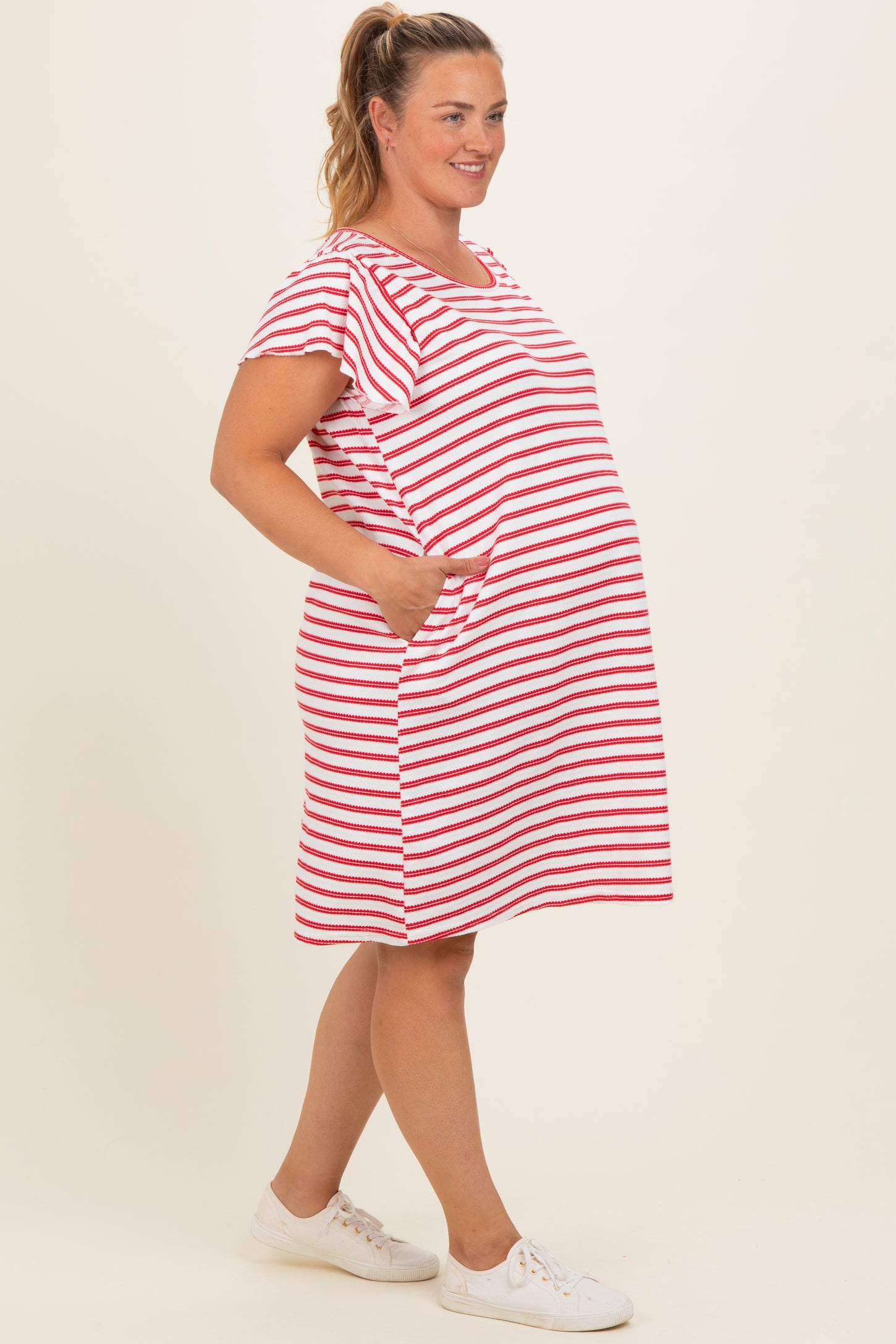Red Striped Flutter Sleeve Maternity Plus T-Shirt Dress