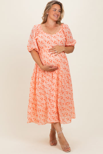 Red Floral V-Neck Tiered Maternity Plus Midi Dress