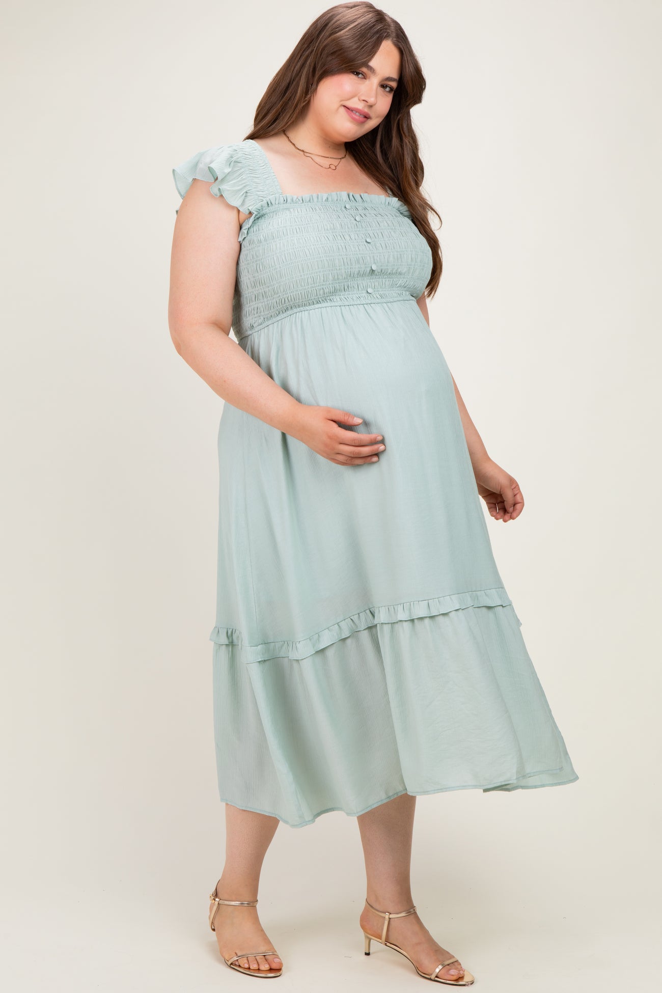 Mint Button Accent Smocked Maternity Plus Midi Dress