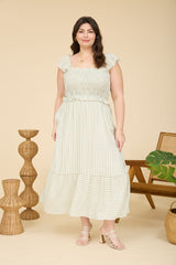 Light Olive Striped Smocked Maternity Plus Midi Dress