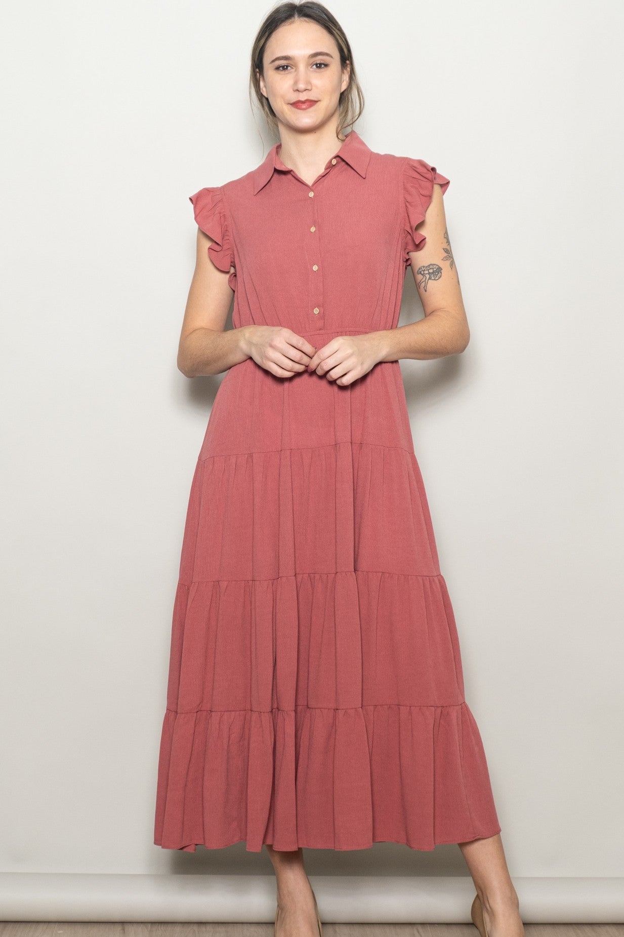 Dusty Rose Button Up Ruffle Sleeve Tiered Maxi Dress