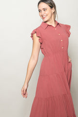 Dusty Rose Button Up Ruffle Sleeve Tiered Maxi Dress