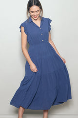 Deep Blue Button Up Ruffle Sleeve Tiered Maxi Dress