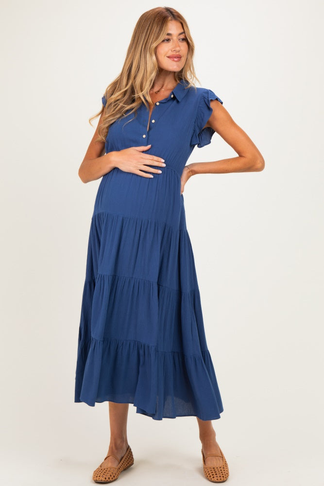 Deep Blue Button Up Ruffle Sleeve Tiered Maternity Maxi Dress