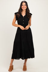 Black Button Up Ruffle Sleeve Tiered Maternity Maxi Dress
