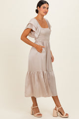 Champagne Satin Flutter Sleeve Midi Dress