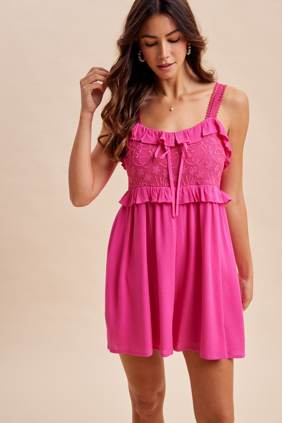 Hot Pink Embroidered Ruffle Accent Romper