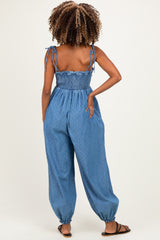 Blue Polka Dot Printed Maternity Jumpsuit