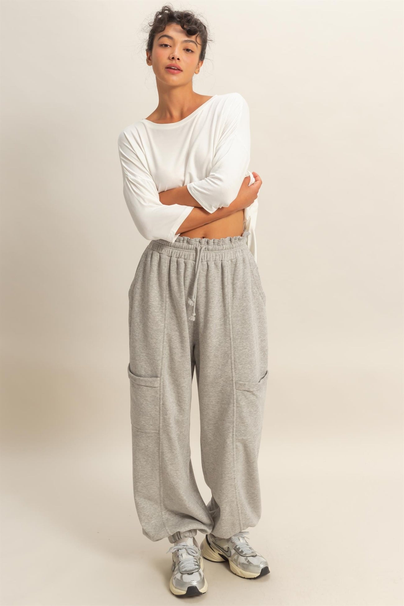 Heather Gray Ruffle Waist Burnout Maternity Jogger Pants
