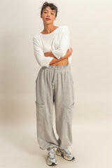 Heather Gray Ruffle Waist Burnout Maternity Jogger Pants