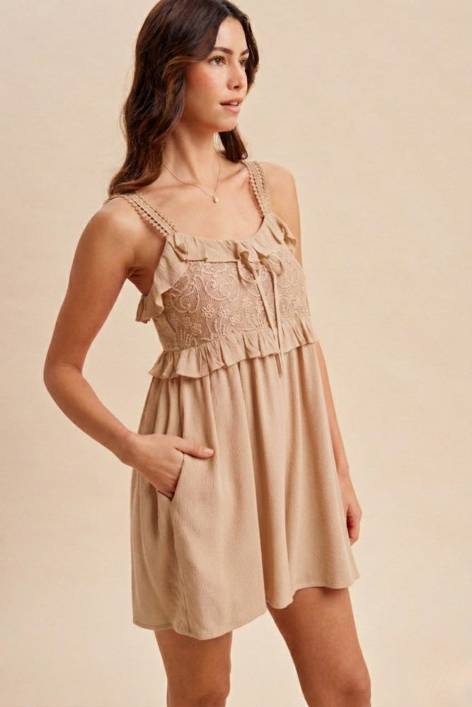 Sand Embroidered Ruffle Accent Maternity Romper