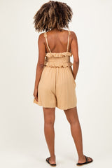 Sand Embroidered Ruffle Accent Maternity Romper