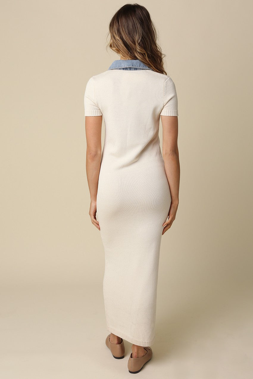 Natural Knit Denim Contrast Collar Maxi Dress