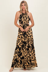 Black Floral Halter Cutout Open Back Maxi Dresses