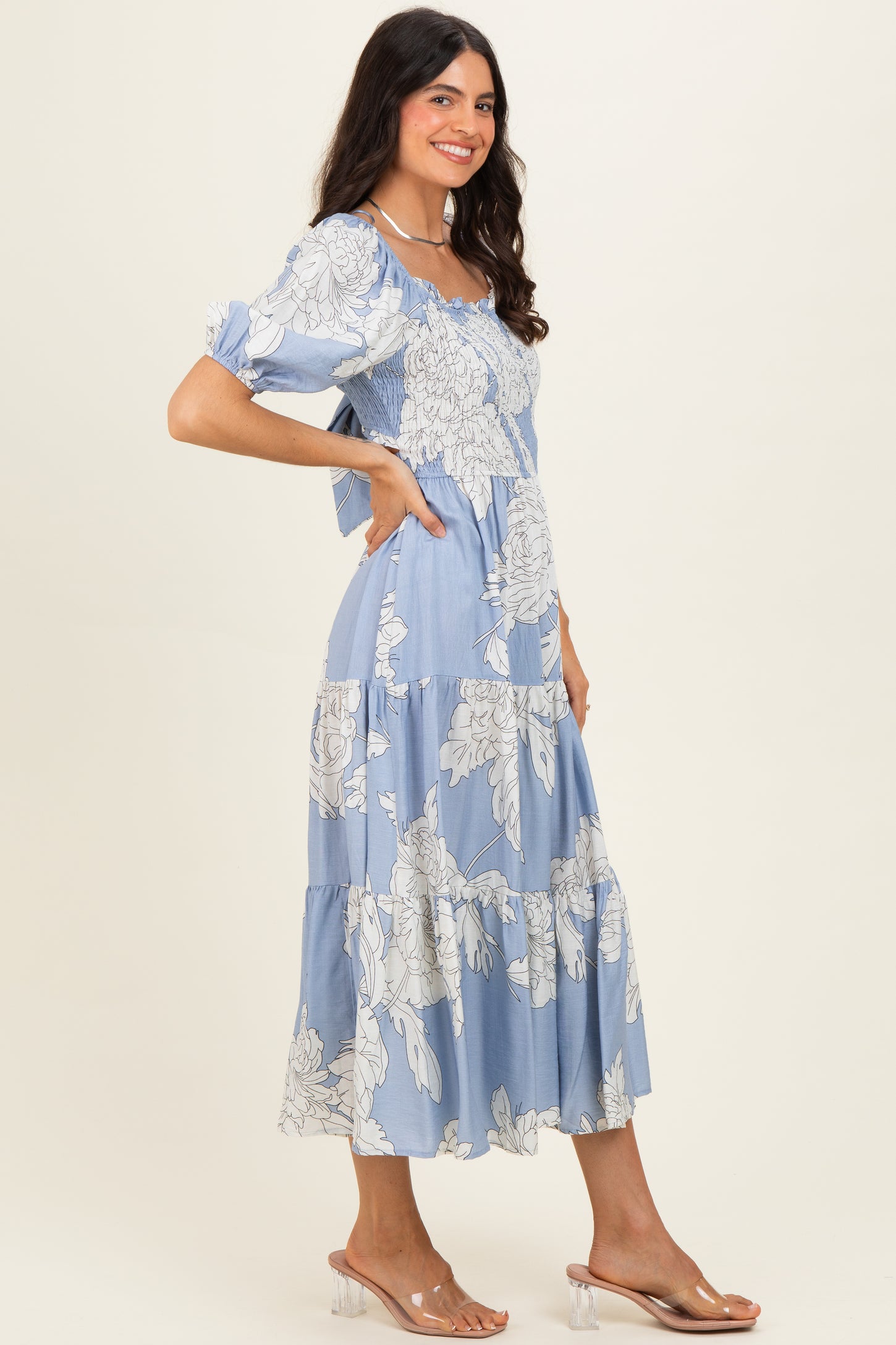 Light Blue Floral Cutout Tie Back Midi Dress