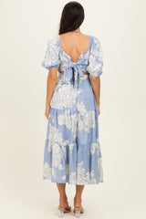 Light Blue Floral Cutout Tie Back Midi Dress