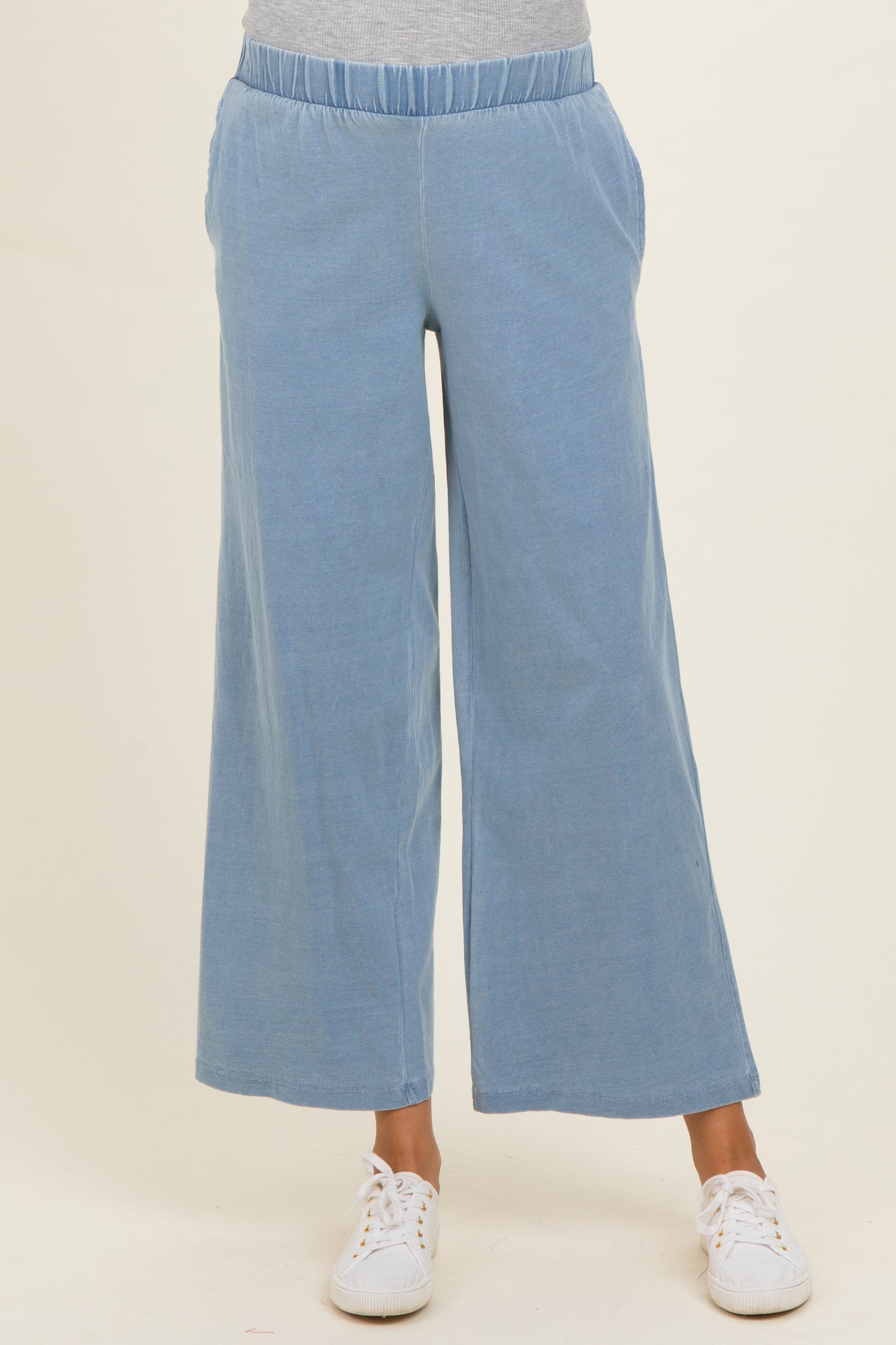 Light Denim Elastic Waist Wide Leg Knit Lounge Pants