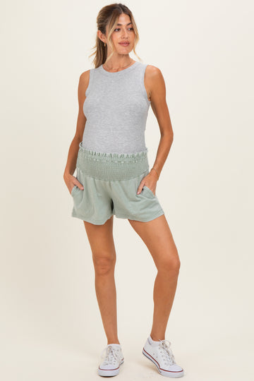 Sage Smocked Waist Mineral Wash Maternity Shorts