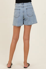 maternity wear light blue denim shorts with an elastic waistband, model shown from the back