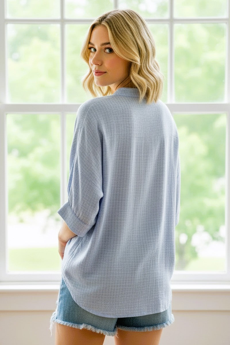 Light Blue Button Down 3/4 Sleeve Blouse