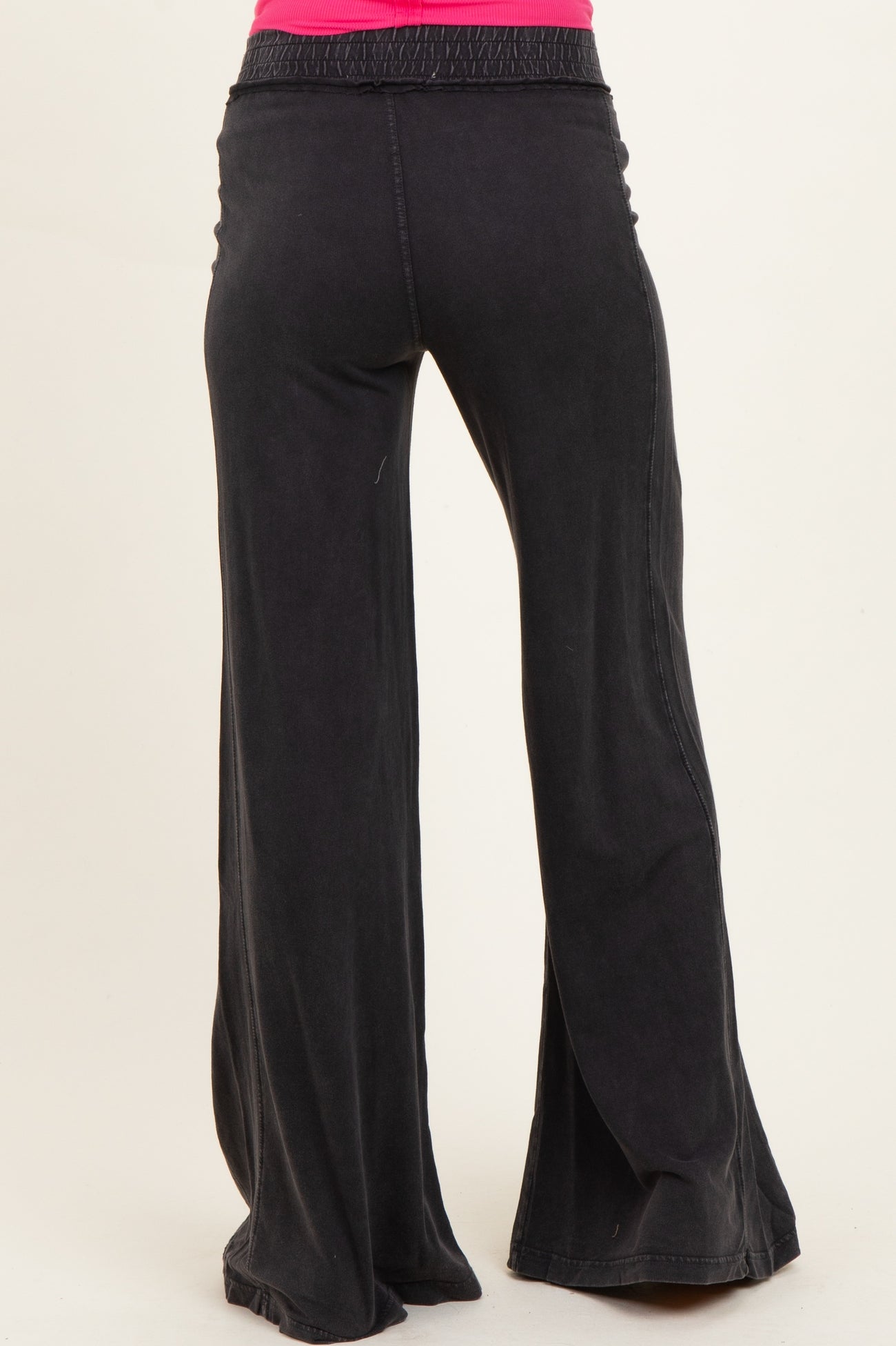 maternity wear black wide-leg pants with an elastic waistband, model shown from the back