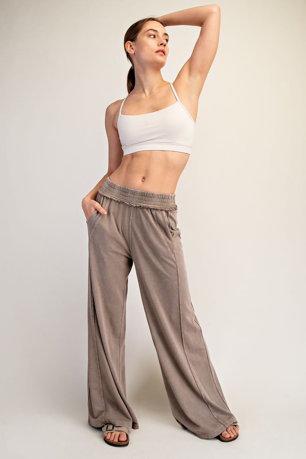 Coffee Mineral Wash Wide Leg Maternity Pants