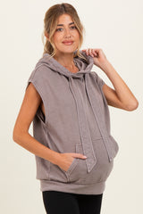 woman wearing a gray sleeveless maternity hoodie with a kangaroo pocket and a visible baby bump