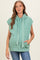 woman wearing a green sleeveless maternity hoodie with a front pocket and drawstring details