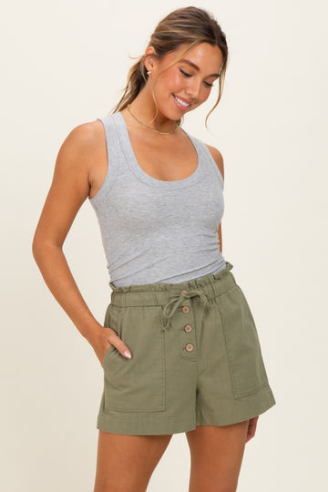 Olive Paper Bag Button Up Twill Shorts