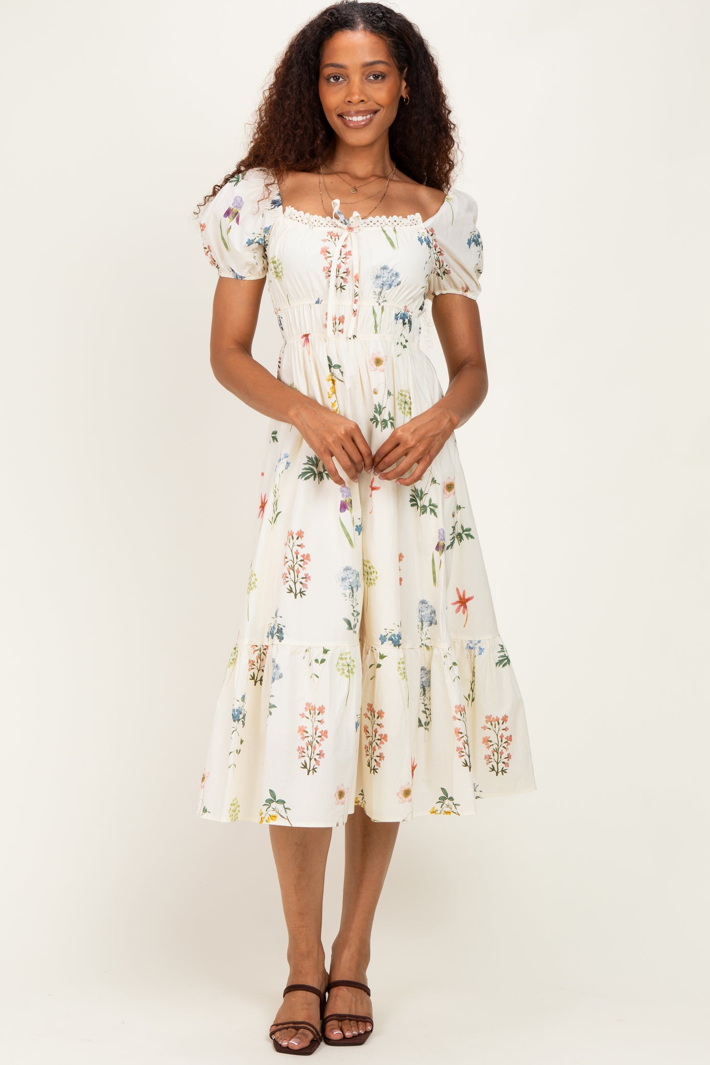 Ivory Floral Puff Sleeve Maternity Midi Dress