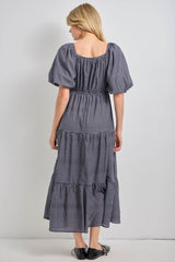 Navy Gingham Puff Sleeve Tiered Maxi Dress