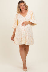 Light Yellow Floral Back Tie Maternity Plus Mini Dress