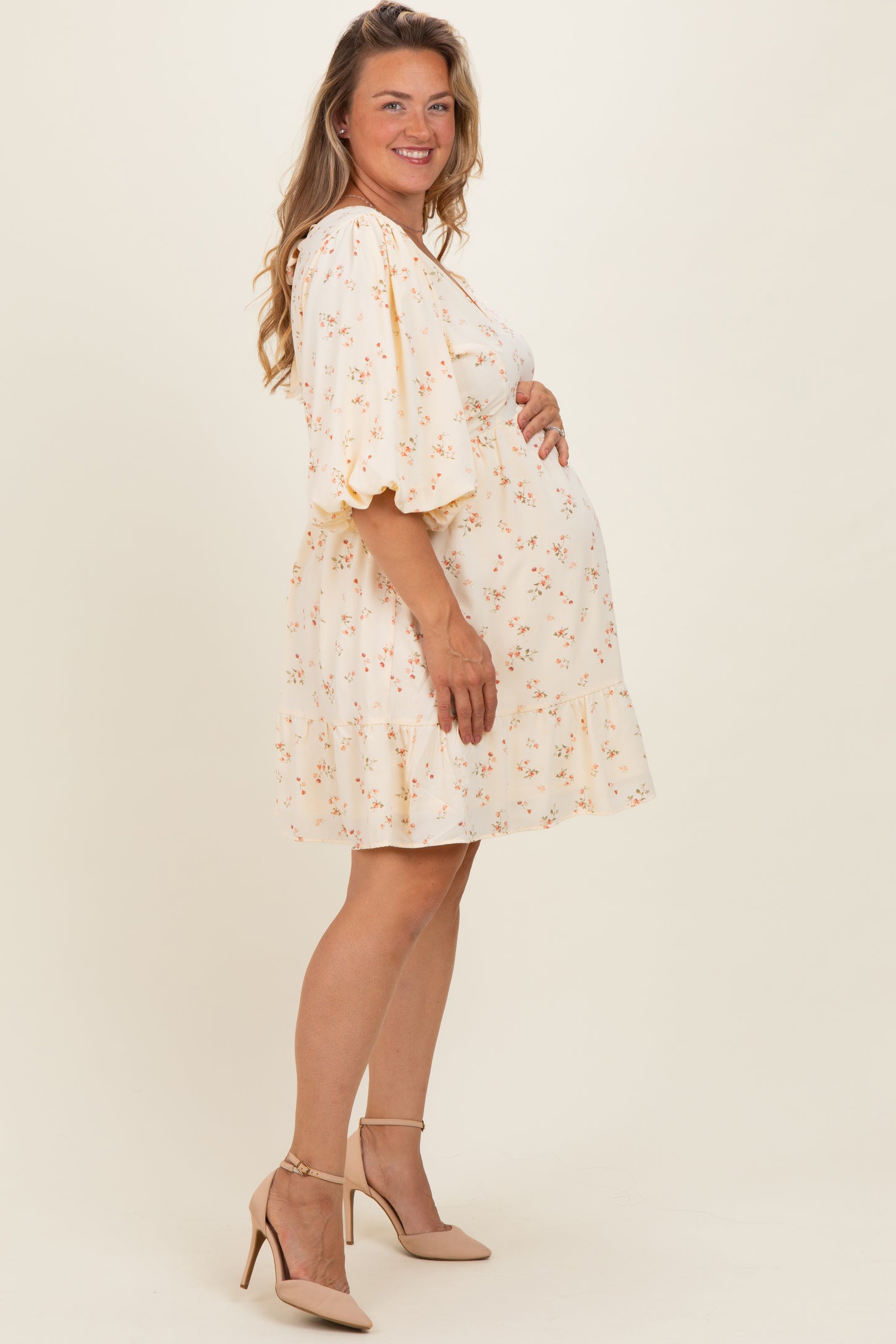 Light Yellow Floral Back Tie Maternity Plus Mini Dress