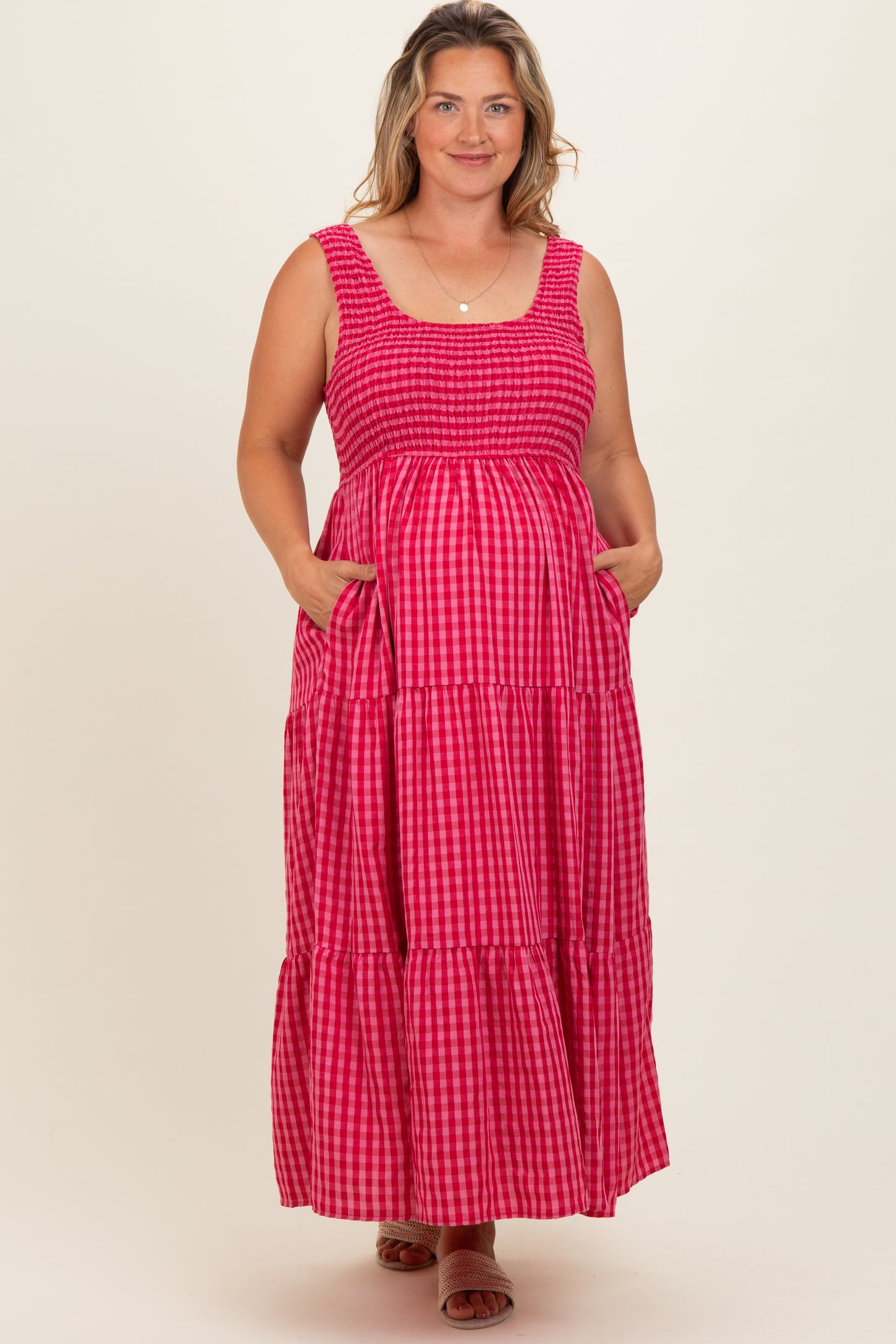 Fuchsia Plaid Tiered Maternity Plus Maxi Dress