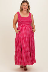 Fuchsia Plaid Tiered Maternity Plus Maxi Dress