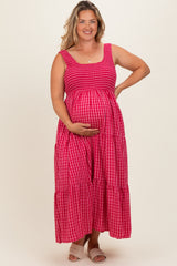 Fuchsia Plaid Tiered Maternity Plus Maxi Dress