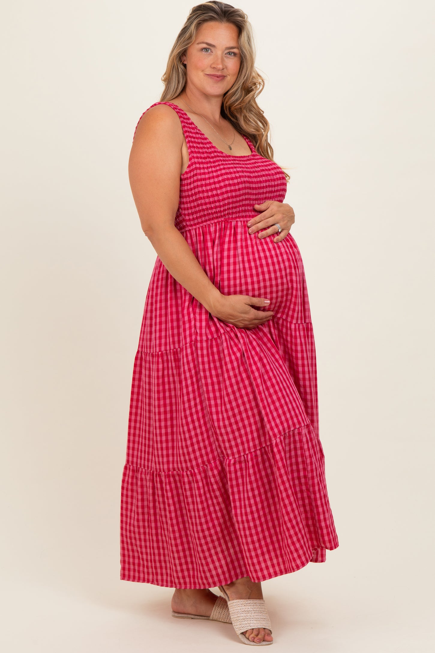 Fuchsia Plaid Tiered Maternity Plus Maxi Dress