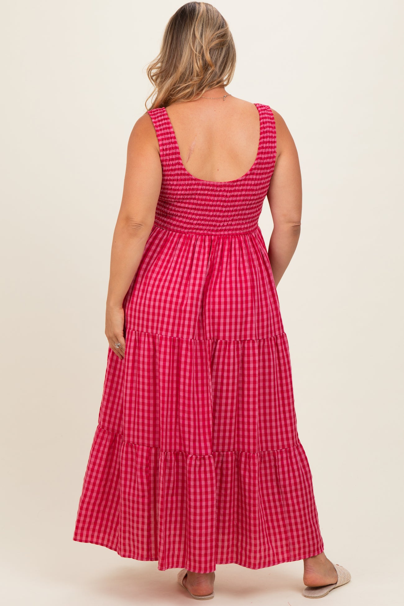 Fuchsia Plaid Tiered Maternity Plus Maxi Dress