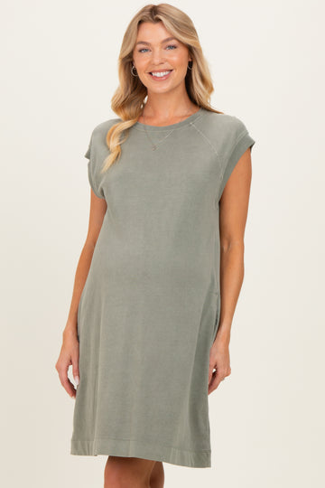 Olive Garment Washed Casual Capped Sleeve Maternity Dress
