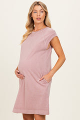 Pink Garment Washed Casual Capped Sleeve Maternity Dress